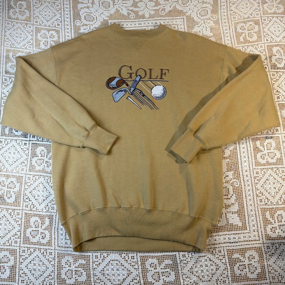 Vintage 90s Midwest Embroidery Golf Sweatshirt Tan Crewneck Mens L Oversized